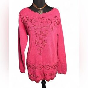 Vintage Hot Pink Embroidered Sweater with Hearts Vines Rosettes & scalloped trim